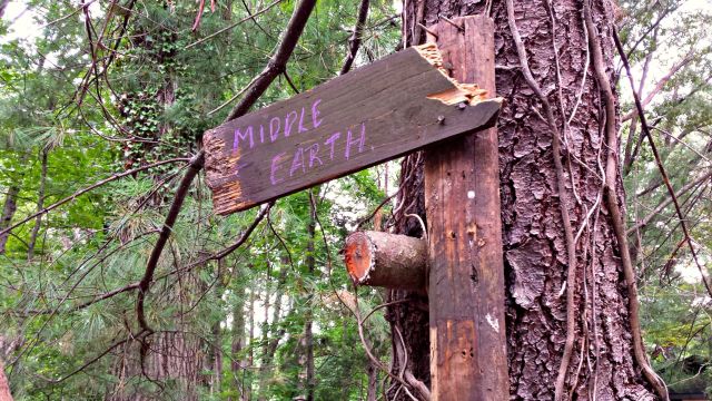 This sign is a recent addition, and lets you know to expect the unexpected if you follow the path into the woods